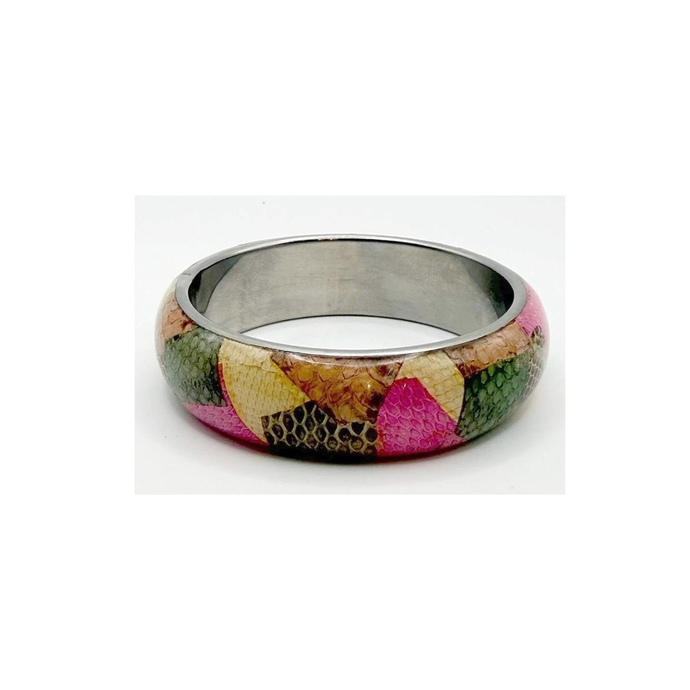 Colorful Patchwork Bangle Bracelet 3/4" Wide Silver Tone 8"